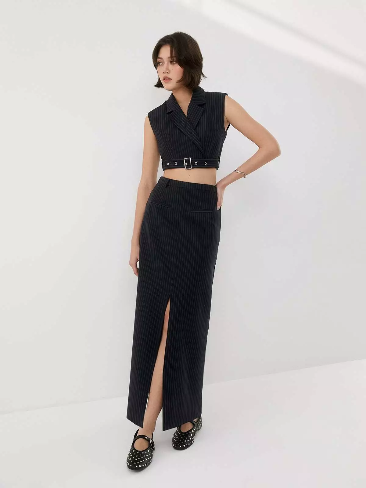 Front Slit Pinstripe Maxi Skirt - Navy