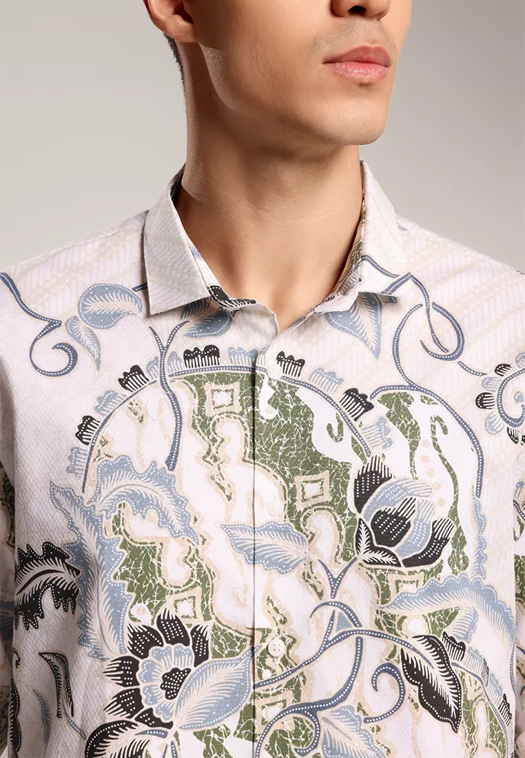 MOC - Kemeja Batik Pria Lengan Panjang Lamduan - White