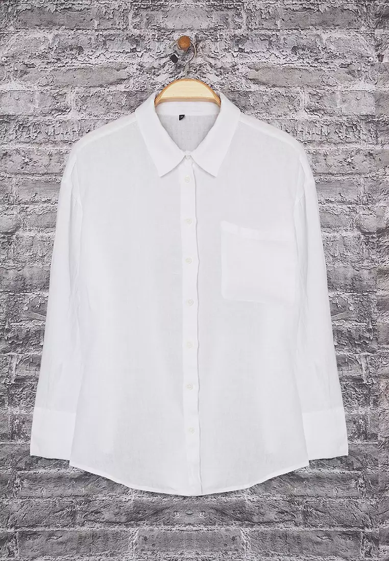 White 100% Linen Large Size Shirt Tbbss25Ax00021