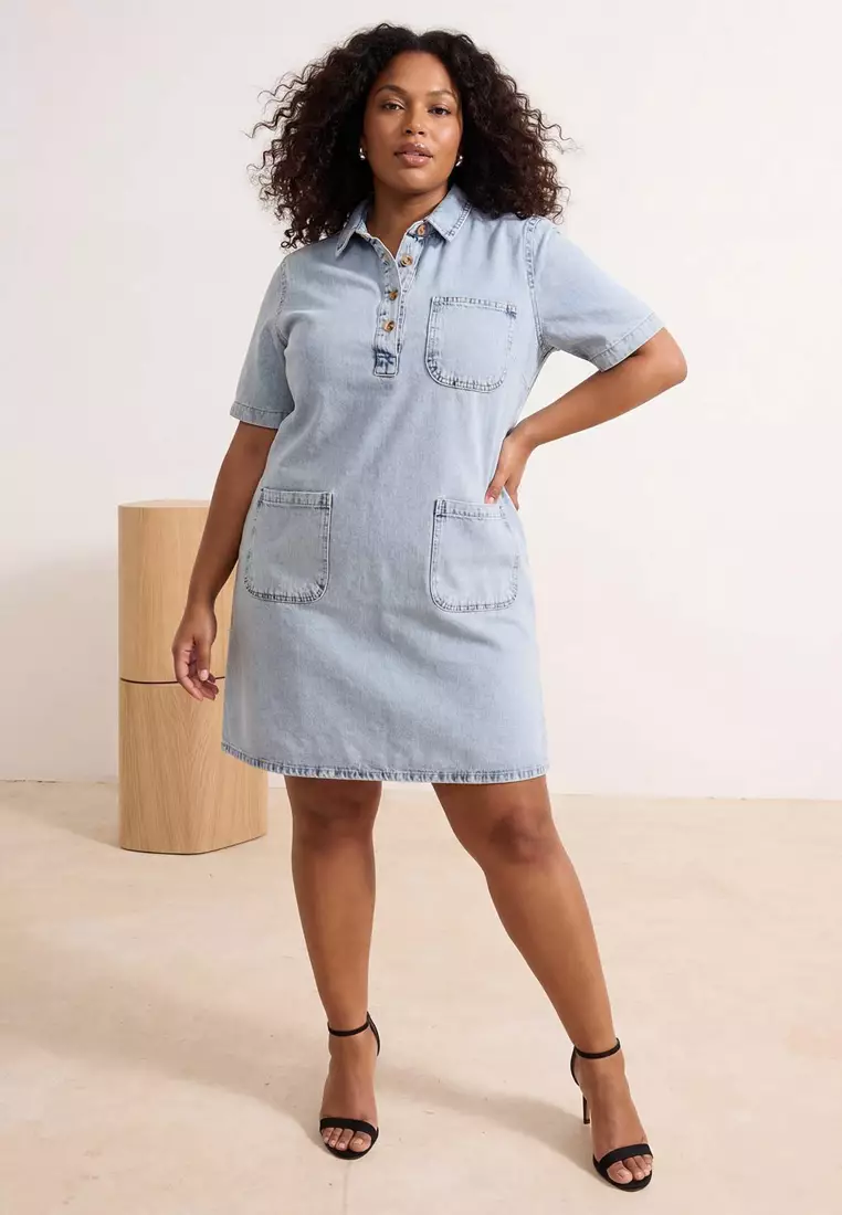 Buy Trendyol Blue Pocket Detail Oversized Mini Plus Size Denim Shirt Dress Tbbss26Ah00162 2026 Online
