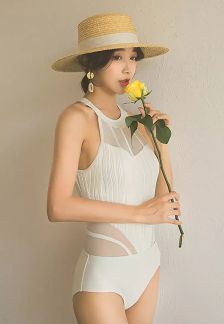 Sexy Mesh Stitching Halter One-Piece Swimsuit A21071416W