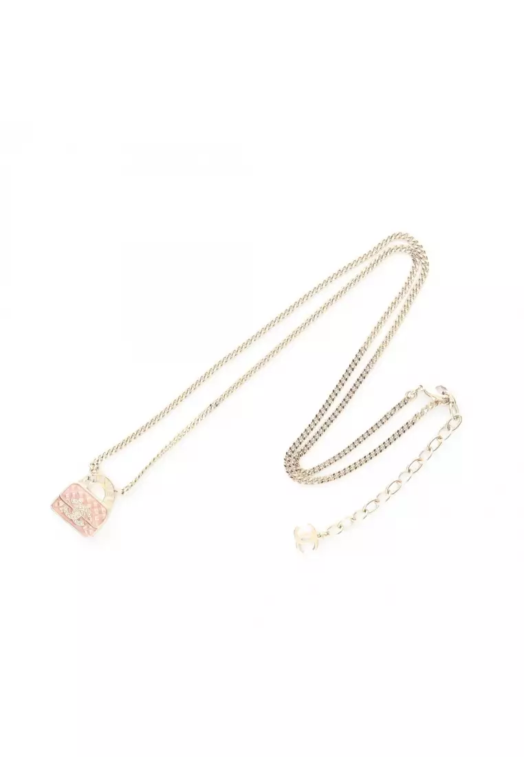 Pre-Loved Chanel coco mark bag motif necklace GP Rhinestone gold pink clear B24S