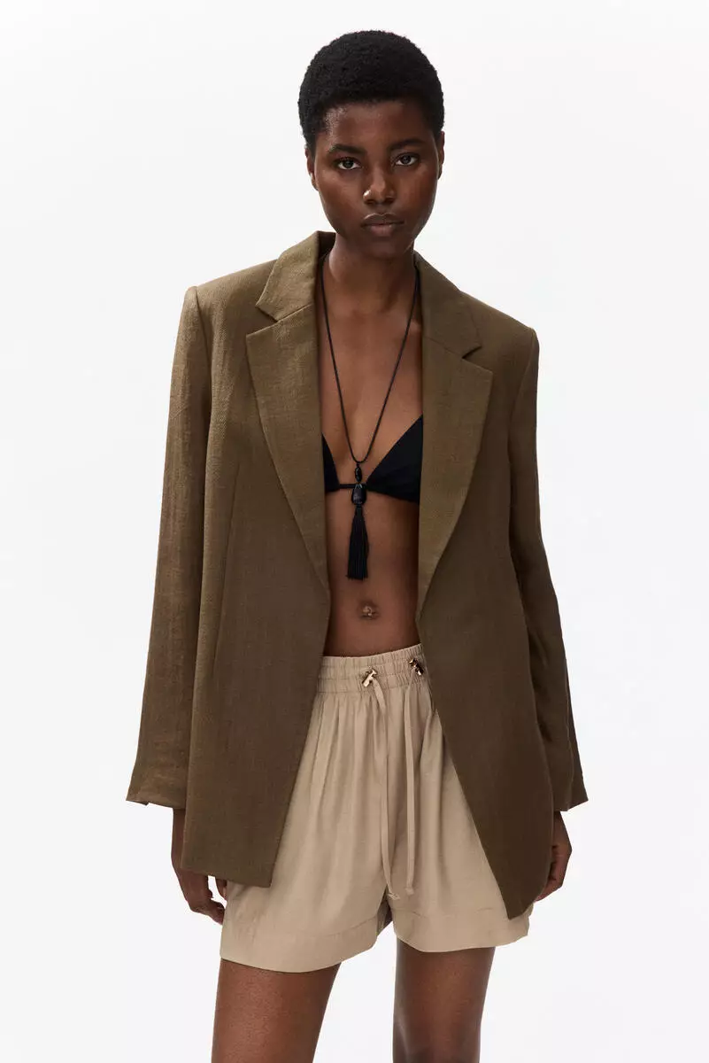 Textured-weave tie-belt blazer