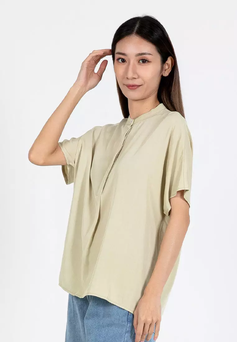 Forest Ladies Rayon Lyocell Band Collar Plain Blouse Women Short Sleeve Blouse - 822415-42LtGreen