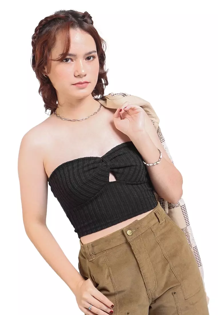 Cable Knit Tube Top With Twist Front