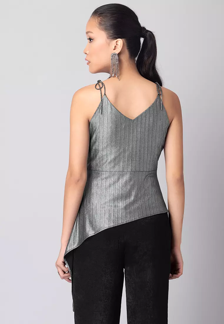 FabAlley Silver Embellished Tie Up Asymmetric Wrap Top
