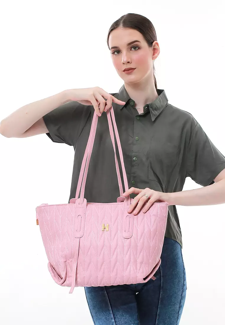 Laura Tas Kerja Wanita Tote Bag Motif Polos Large Compartment Material Leather ORIGINAL - Pink