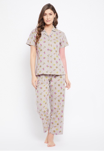 Clovia grey Clovia Print Me Pretty Button Me Up Shirt & Pyjama Set in Grey - 100% Cotton EA90CAA6619476GS_1