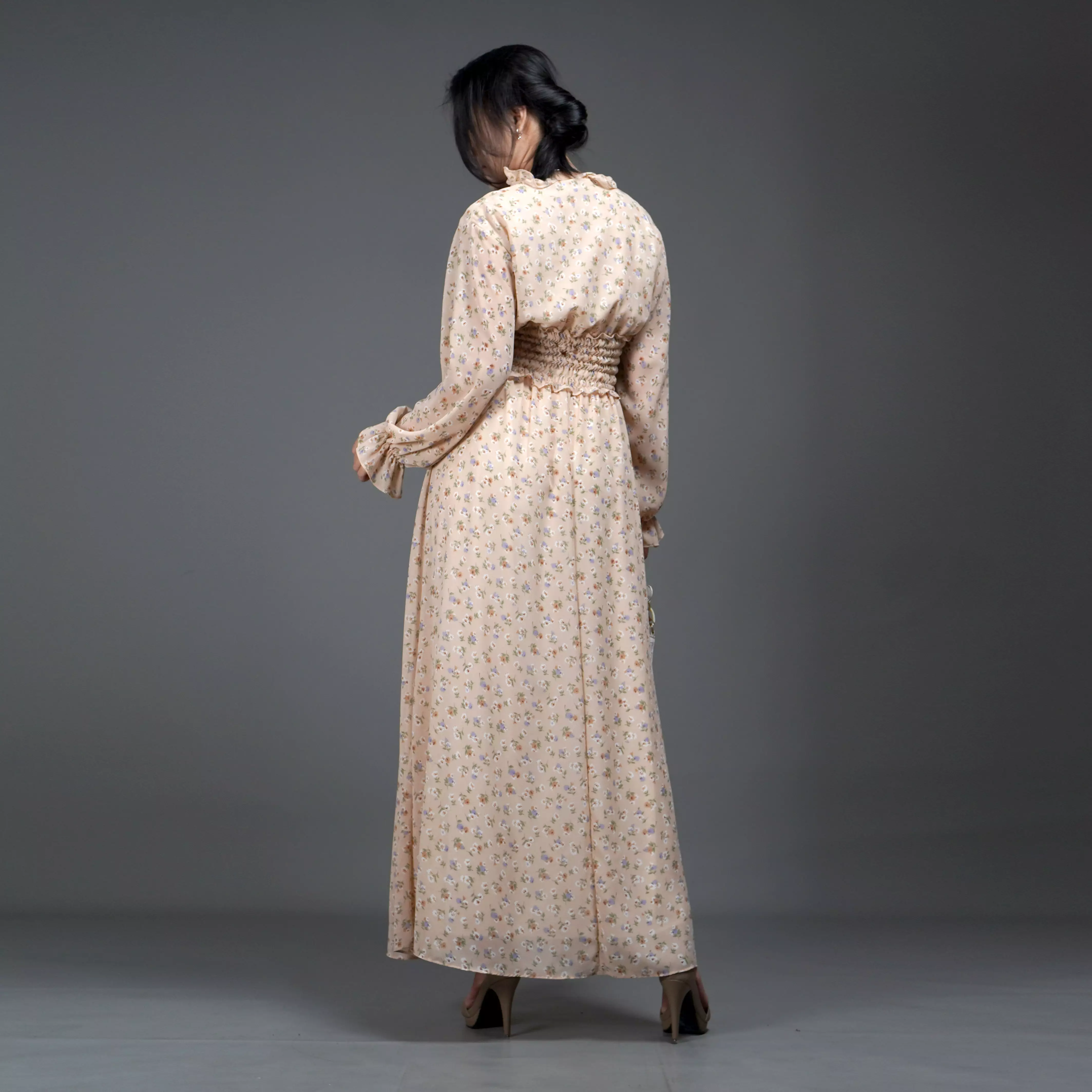  Dress SHALMA Long Dress Sifon Gaun Panjang Gaya Korea - Krem