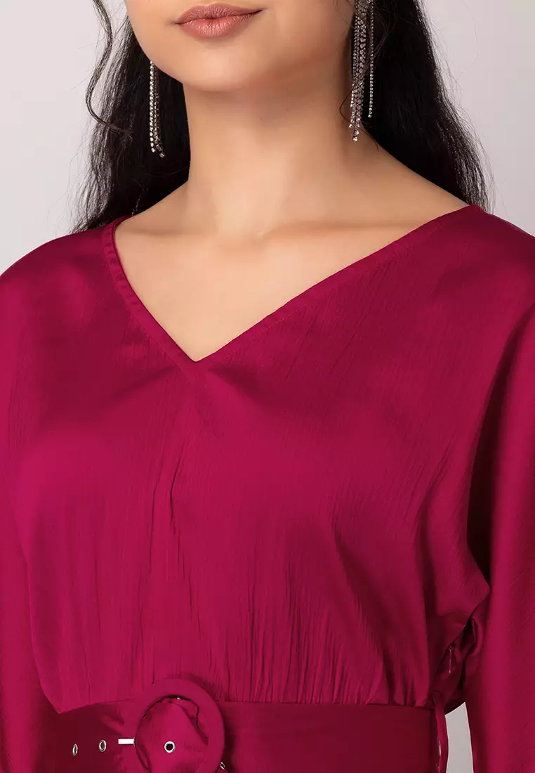 Hot Pink Satin Shift Dress With Belt