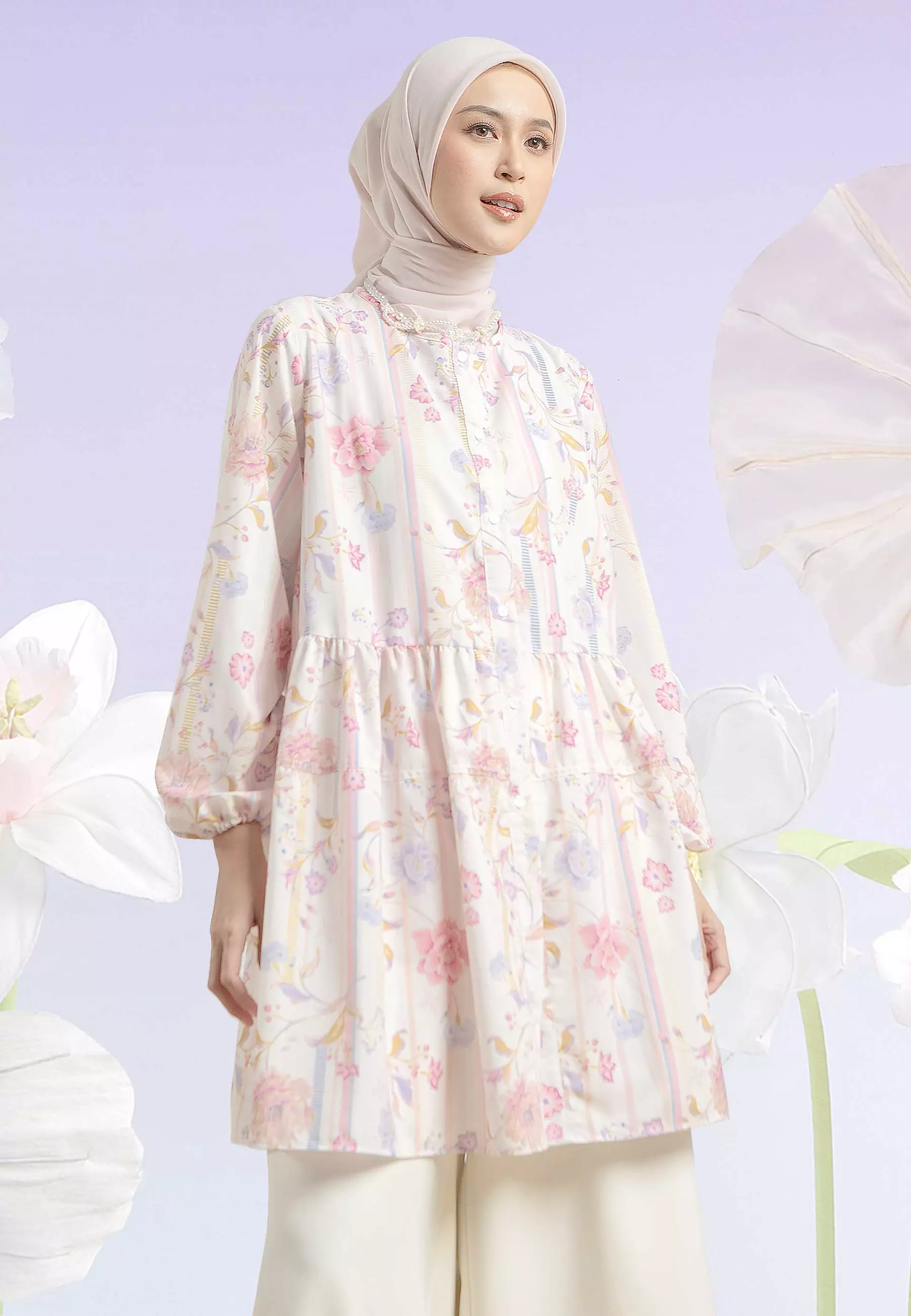 HijabChic Melissa Creme Pink Top - Baju Katun Premium Lembut Motif Bunga Cantik Layer Kerut Busui