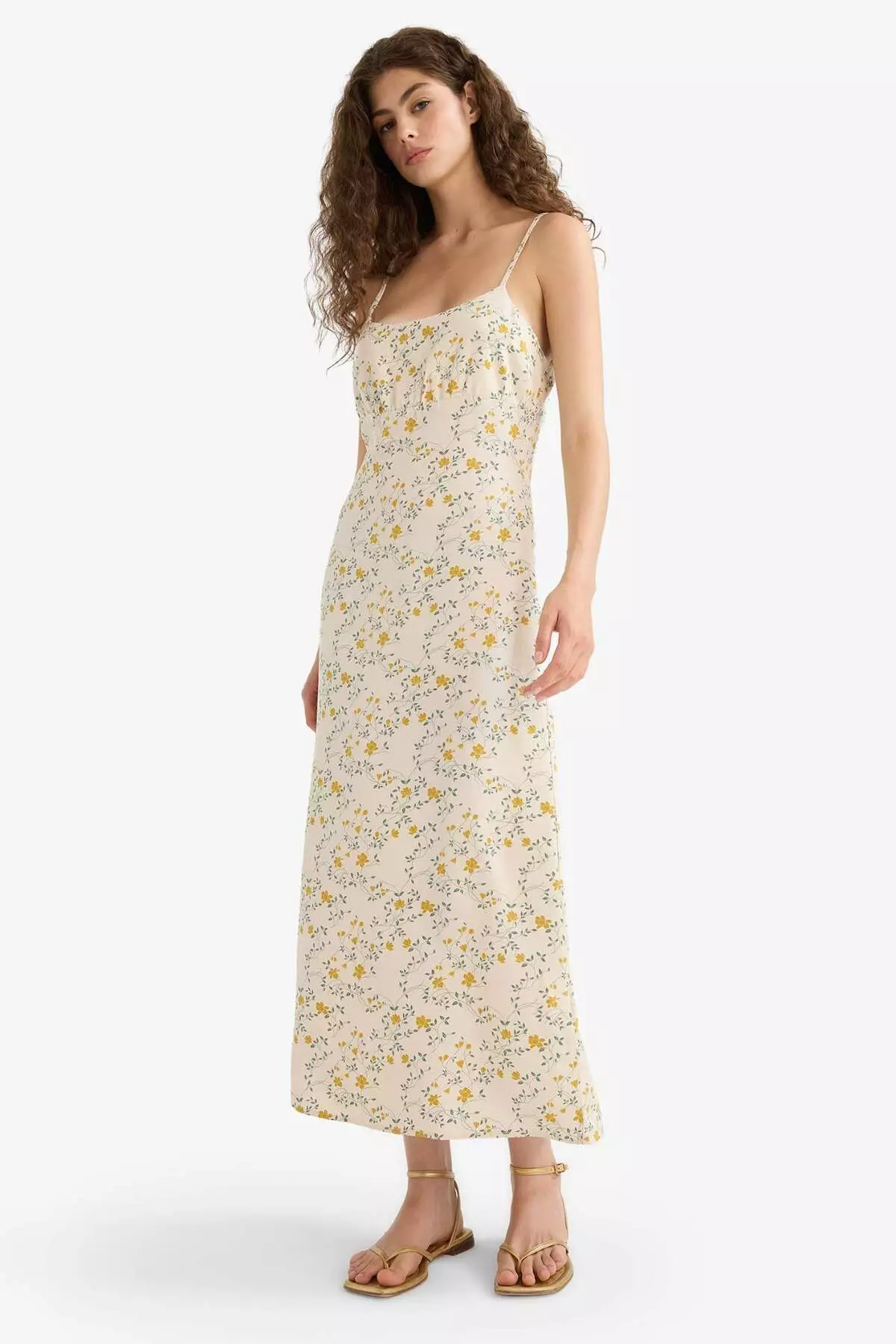 Floral Linen Blend Strap Midi Dress F4098Ax25Sm