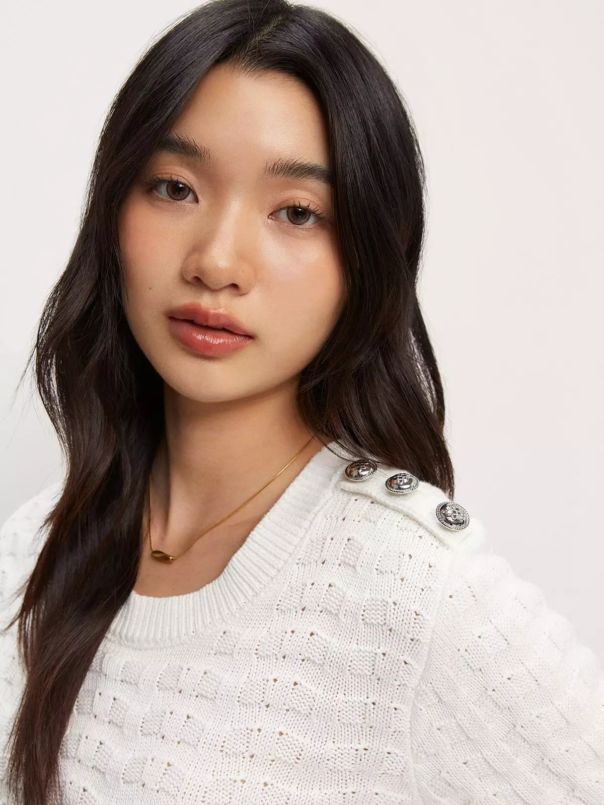 Pomelo. Button Detail Knitted EyeleTop - White