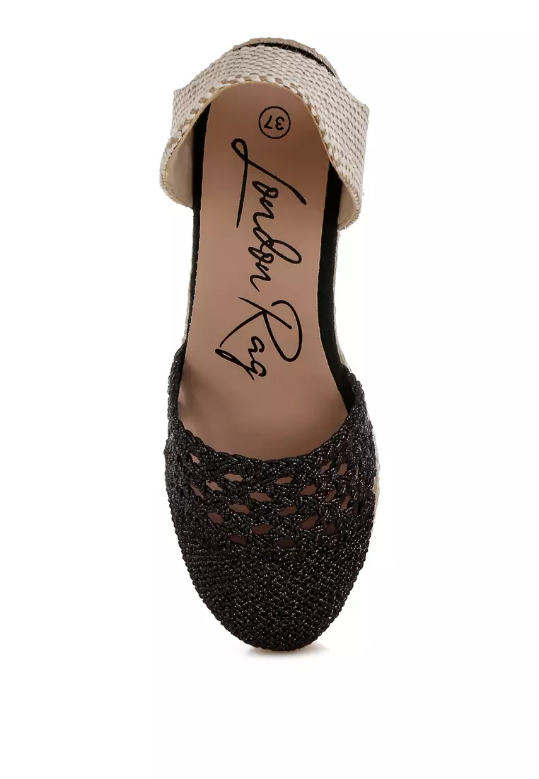 Black Woven Lace-Up Espadrille Wedges