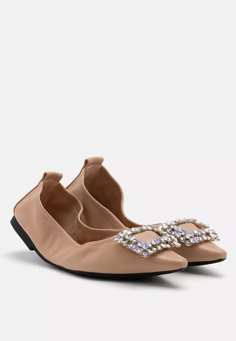 Odessa Embellished Buckle Foldable Flats Almond