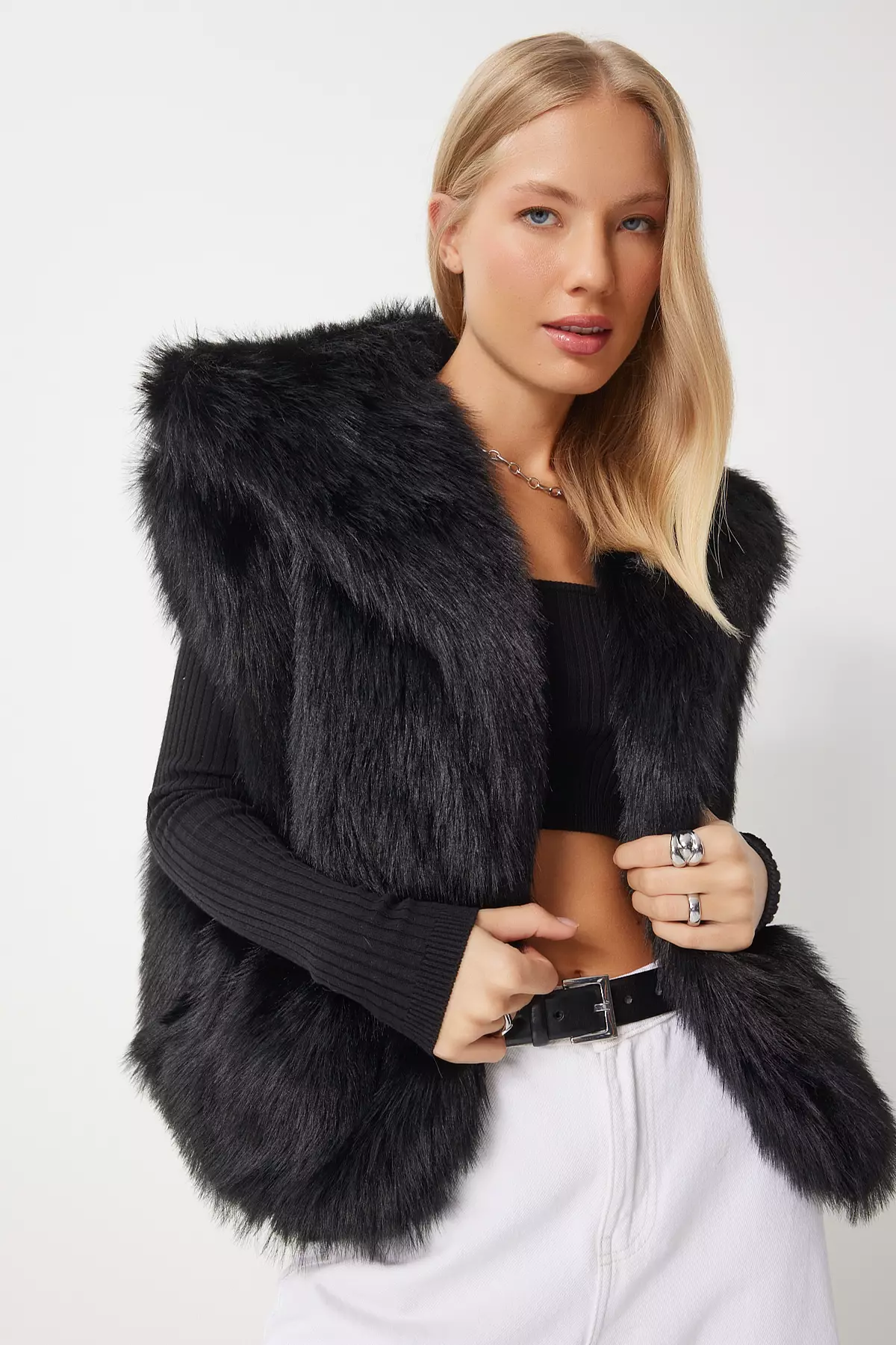 Black Faux Fur Women's Vest - Yl00003