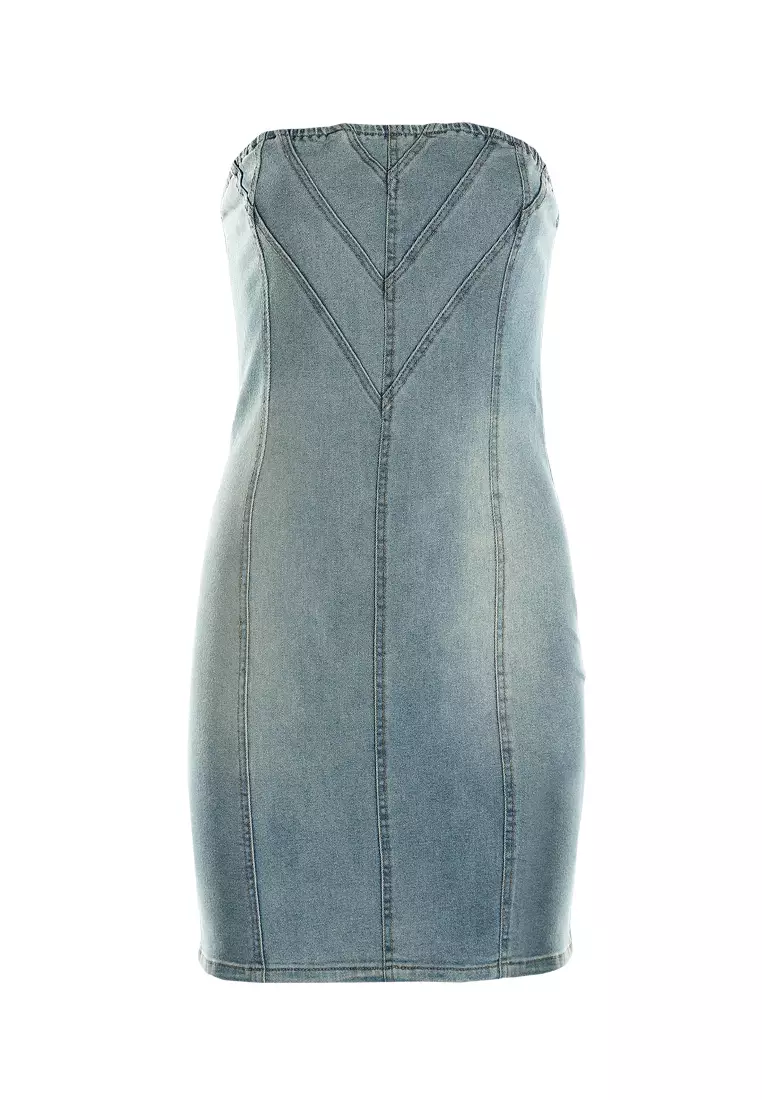 無肩帶牛仔迷你連身裙