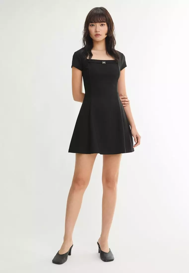 Square Neck Fit Flare Mini Dress - Black