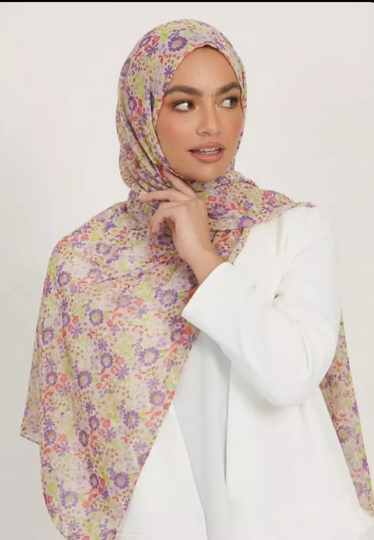 Hijab Printed Wanita Floral Pattern Poly-Chiffon Purple & Red