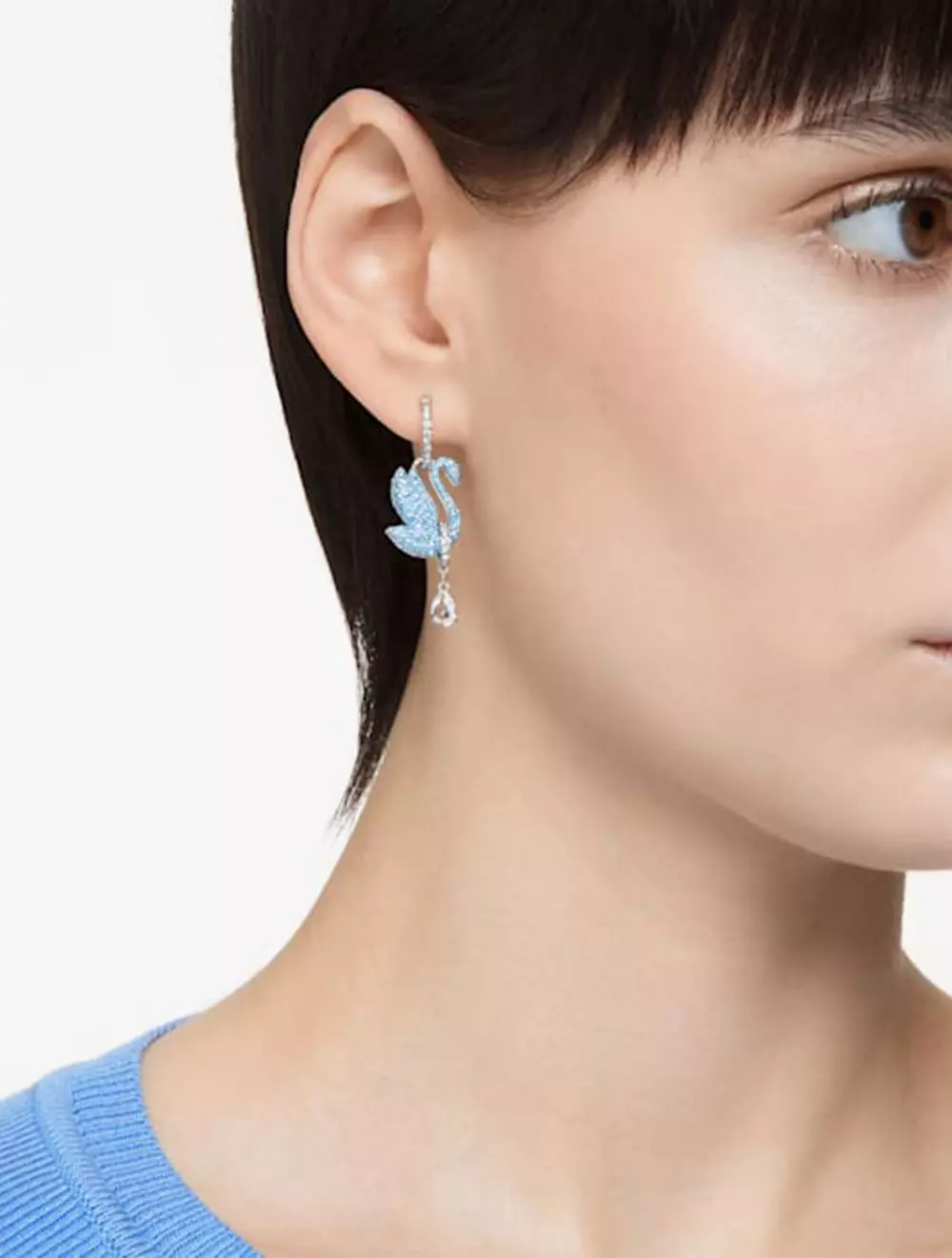 Swarovski Iconic Swan Drop Earrings, Swan, Blue, Rhodium Plated - Blue