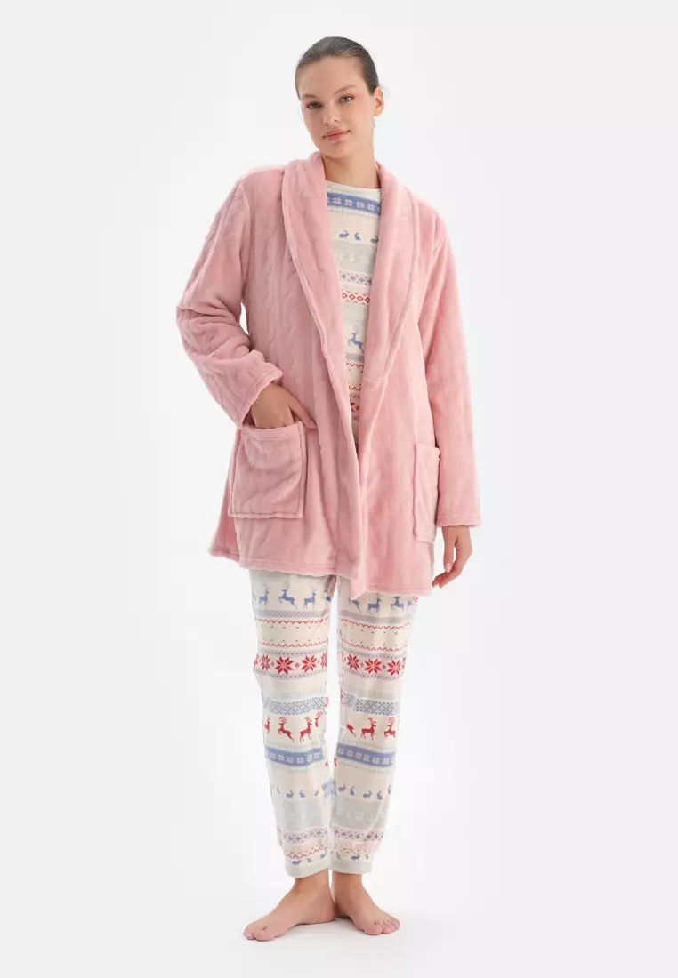 Soft Pink Dressing Gown, Shawl Collar, Oversize, Long Sleeve Sleepwear for Women