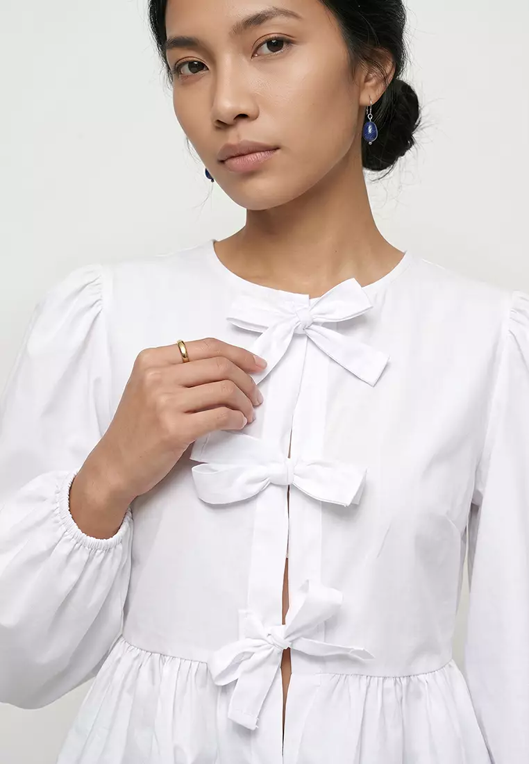 Women's White Crew Neck Bow Tie Princess Sleeve Poplin Blouse