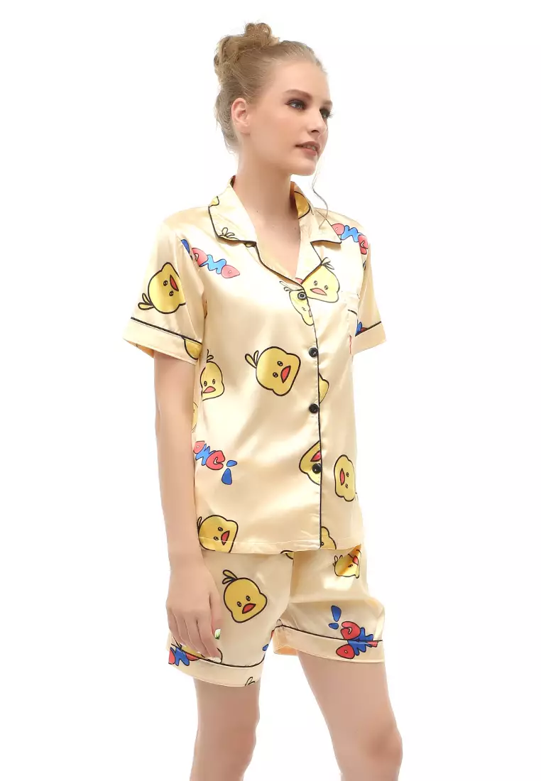 Vance Setelan Baju Tidur Wanita Lengan Pendek Motif Piyo Material Satin ORIGINAL - Yellow