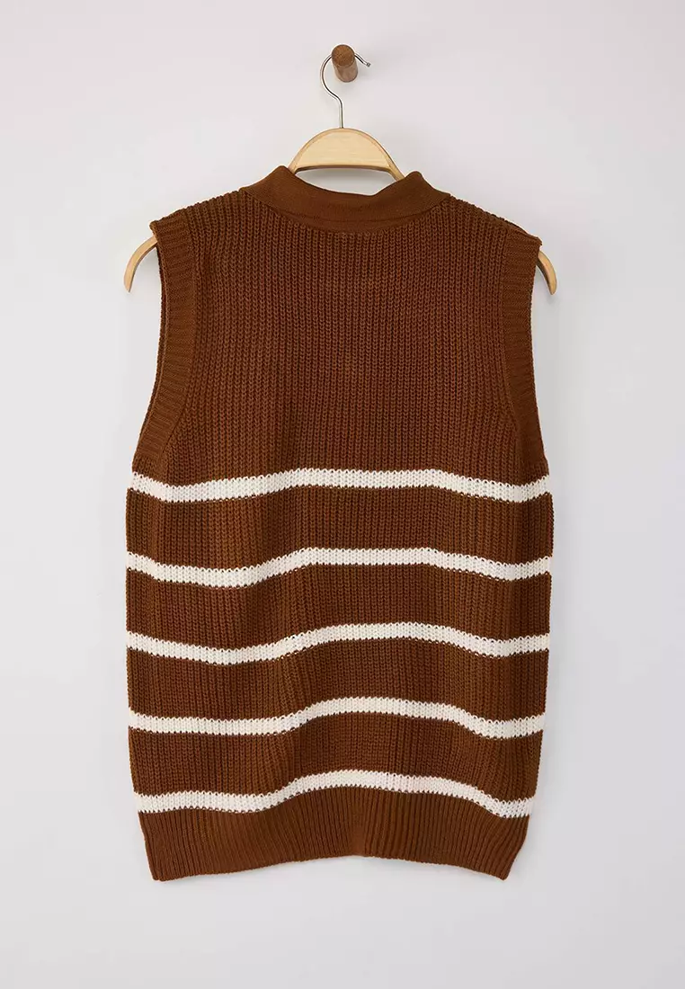 Brown Zippered Striped Polo Neck Sweater Sweater