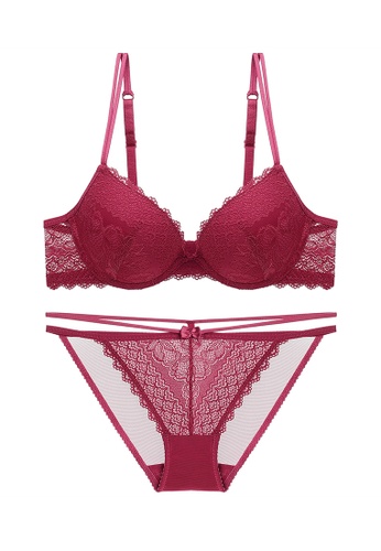 ZITIQUE red Young Girls' American Style 3/4 Cup Lace-trimmed Underwire Push Up Lingerie Set (Bra And Underwear) - Wine Red BEF4DUS09F43CDGS_1