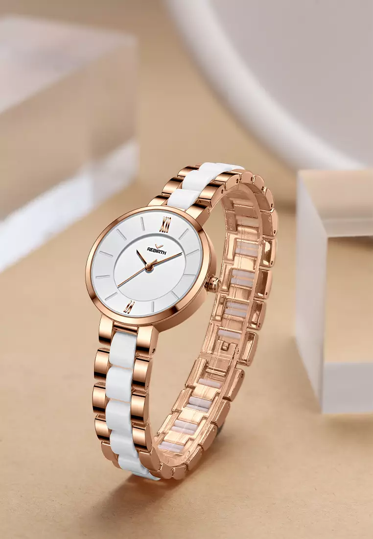 Jam Tangan Wanita Anti Air Original Korea Elegan Kuarsa Tali Keramik Jam Tangan Cewek rosewhite