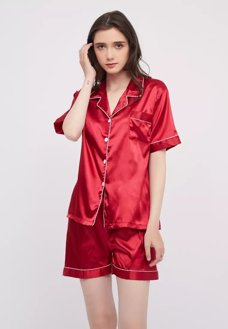 Basic Silk Pajama Short Sleeves Set Lounge Wear Sleepwear – Shapes