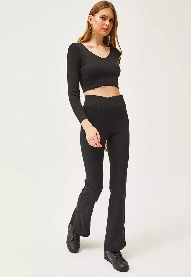 Buy Olalook Black Cross Band Detail Raised Spanish Leggings 2024 Online