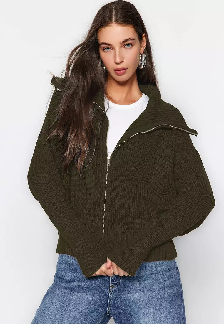 Turn Down Collar Zippered Khaki Knitwear Cardigan Wide Fit