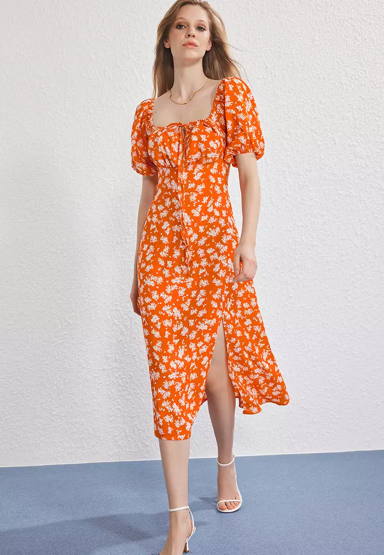 Orange Floral Midi Woven Dress TWOSS25EL00763