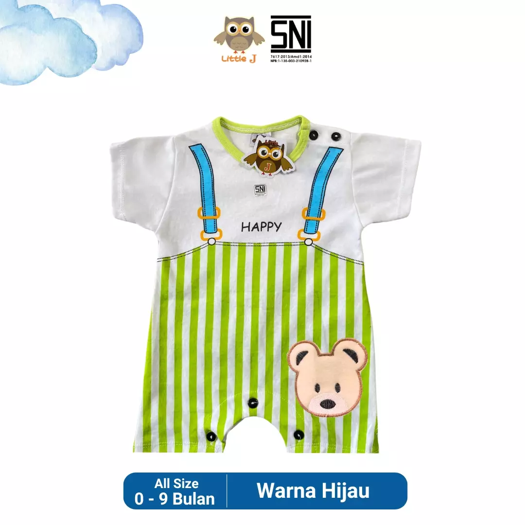 Little J-Jumpsuit Bayi Jumper Pendek Anak Kancing Romper Baju Terusan Motif Bear Happy