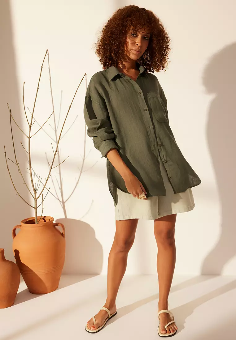 Green 1% Linen Pocket Detailed Oversized Shirt Twoss26Go39