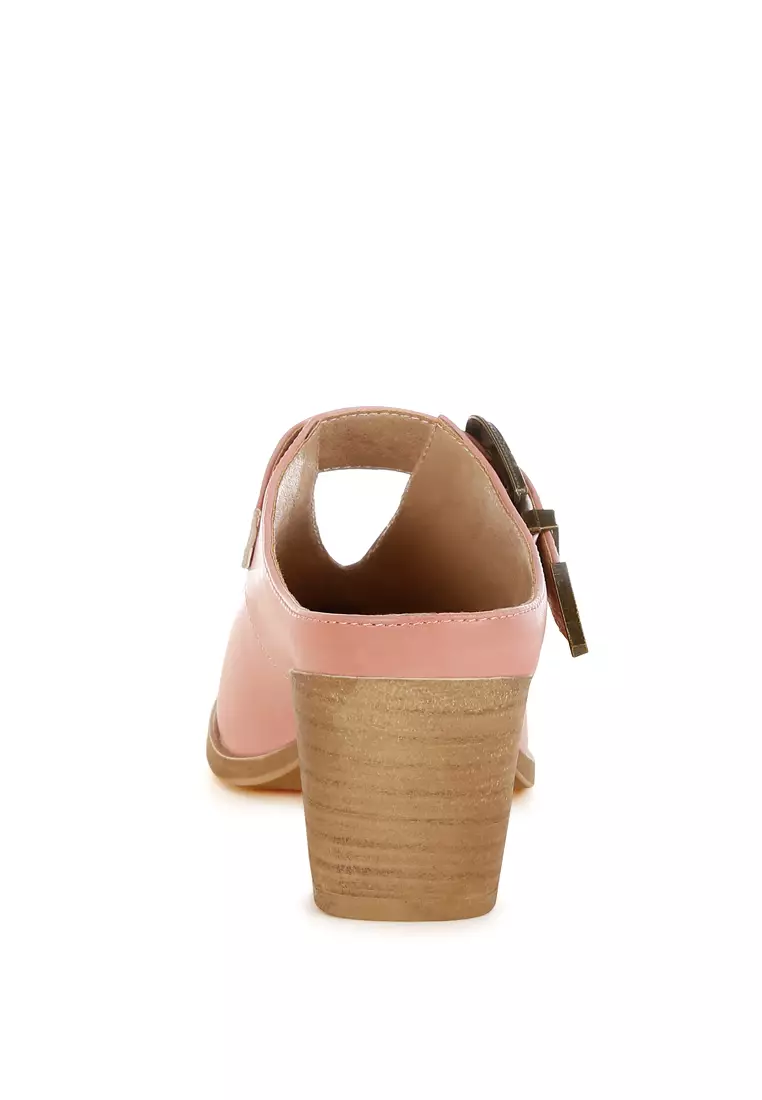 Carved Buckle Statement Mules in Pink