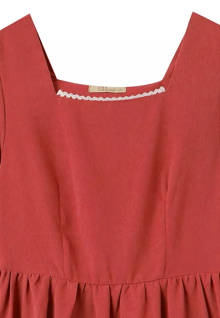 日系方領蕾絲滾邊荷葉拋袖短洋裝《DA9427》