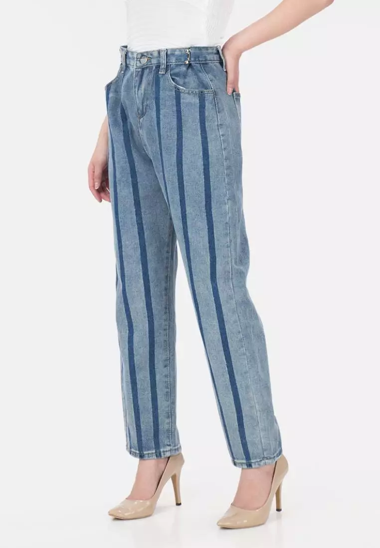 Unwashed Strip Straight Jeans