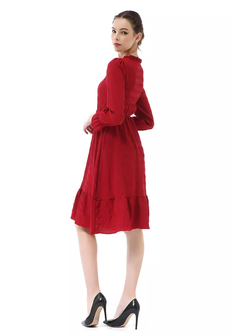 Rachel Dress Kasual Wanita Lengan Panjang Model Simple Material Chiffon ORIGINAL - Red