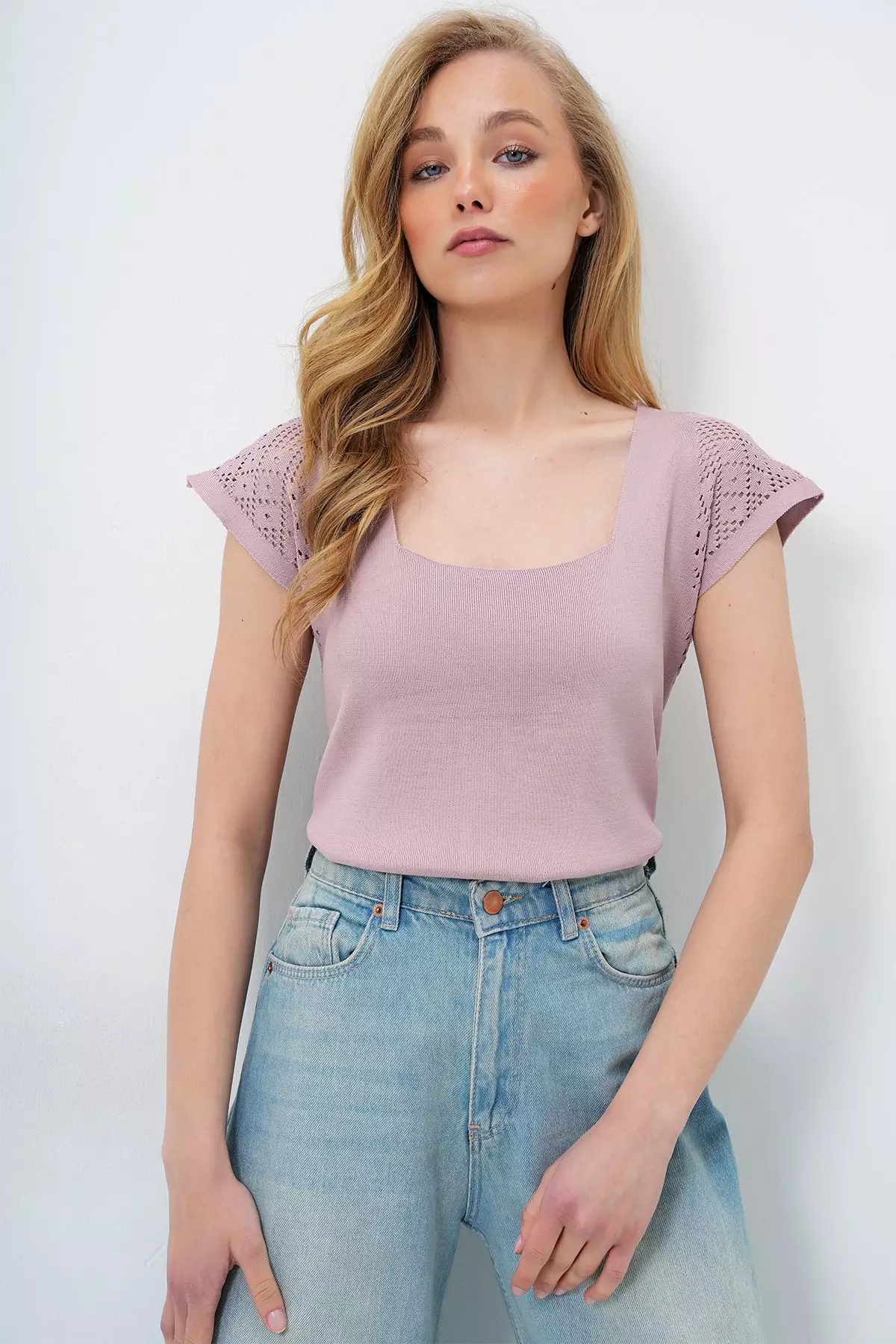 Women's Powder Square Neck Openwork Summer Knitwear Blouse