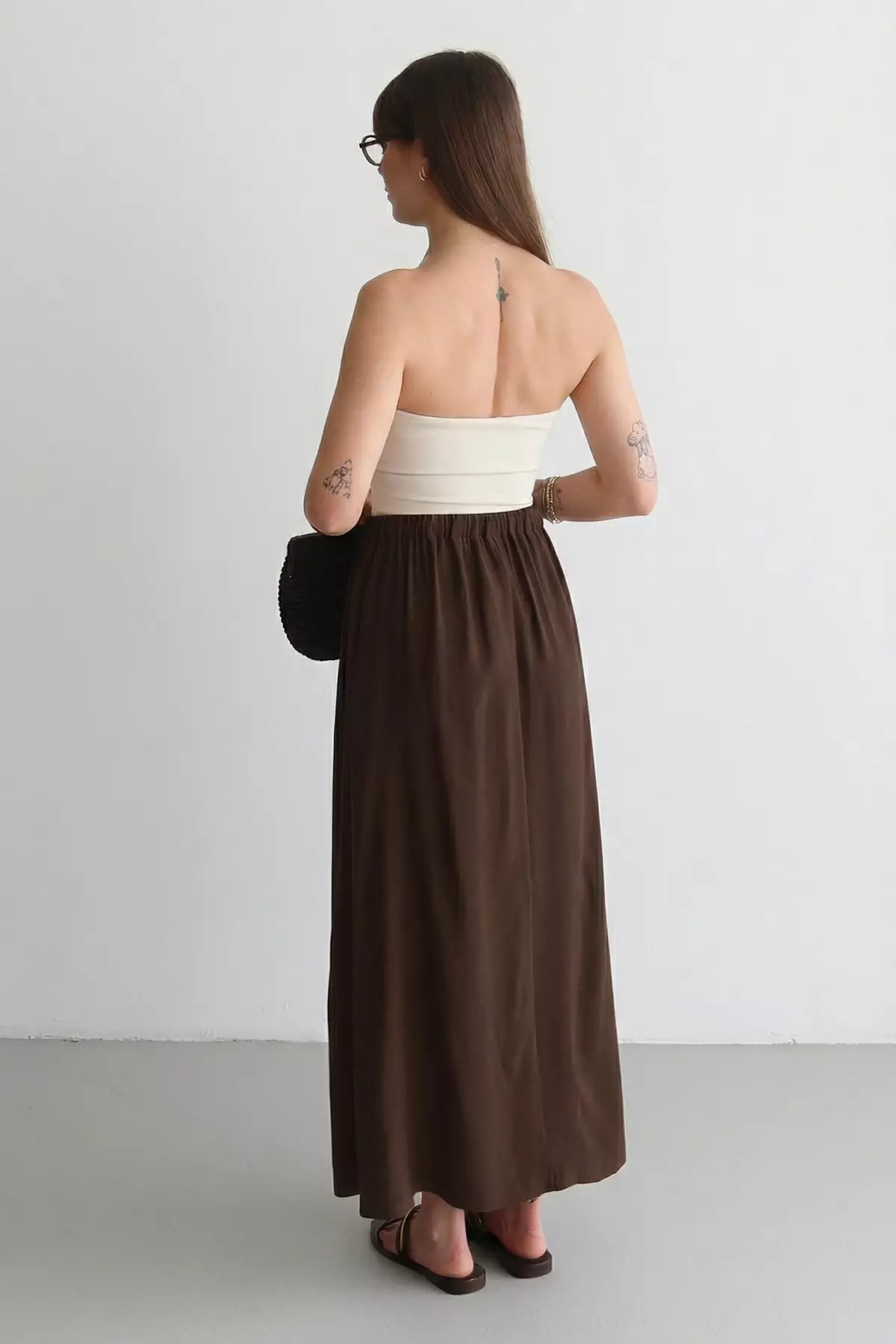 Dark Brown Modal Elastic Waist Long Maxi Skirt Twoss26Et82