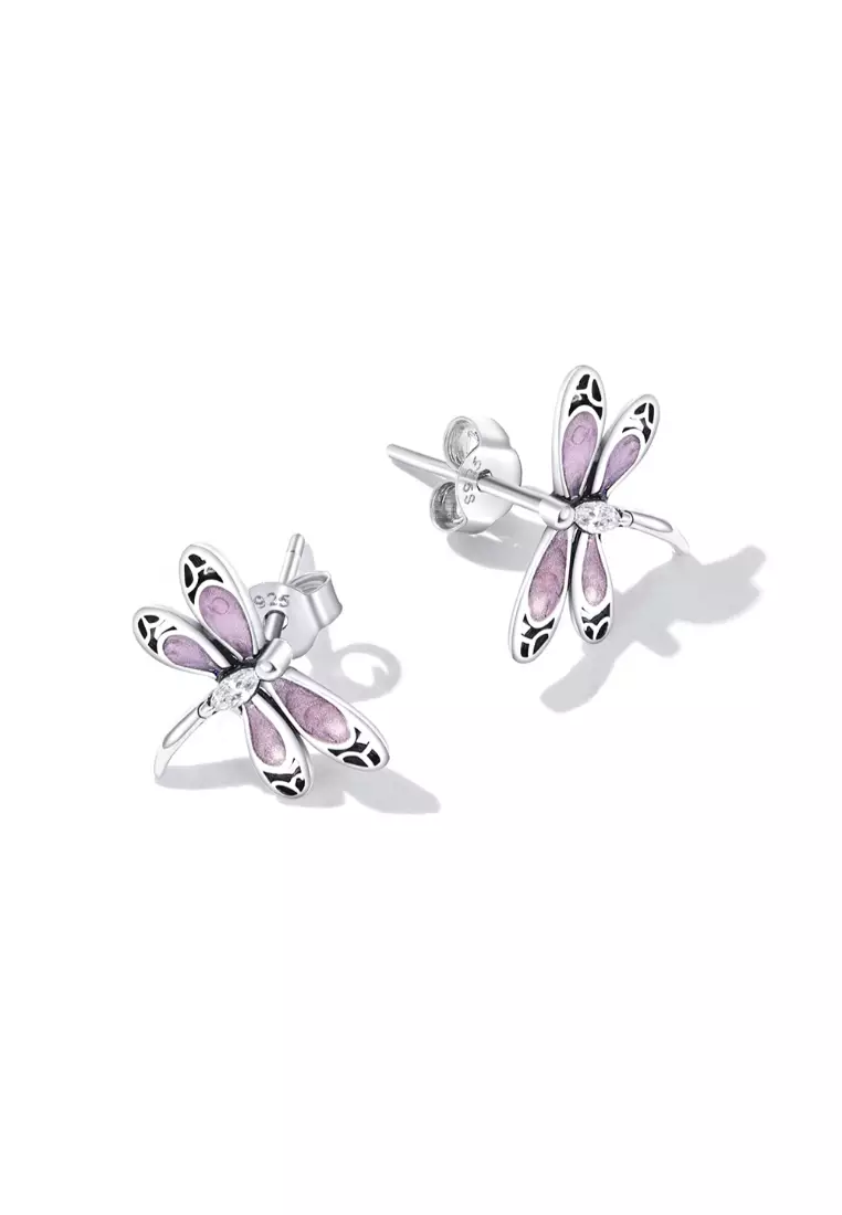 Solid 925 Sterling Silver Purple Duo Vintage Dragonfly Stud Earrings