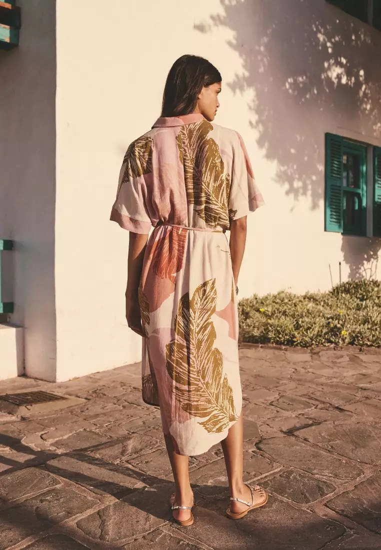 Short Sleeve Tie Waist Midi Shirt Dress with Linen