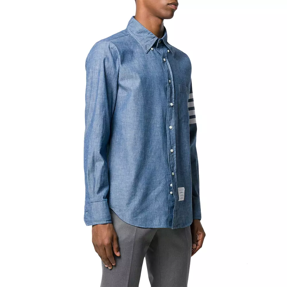 Chambray Printed 4-Bar Nametag Straight Fit Shirt Blue Denim