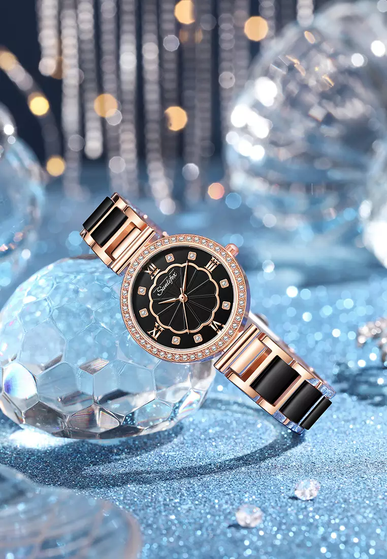 Jam Tangan Wanita 6032 Kuarsa Tali Stainless Steel Berlian Anggun Santai Jam Tangan Cewek black