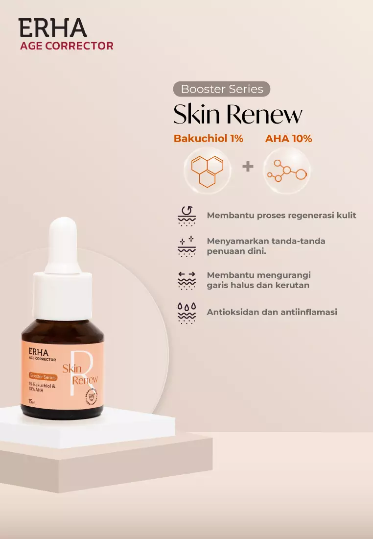 Erha Age Corrector Skin Renew Booster 15ml - 1% Bakuchiol & 10% AHA Booster Anti Aging | Alternatif Vegan Retinol | Meregerenasi Meremajakan Kulit | Menyamarkan Tanda Penuaan | Mencerahkan | Kolagen | Gentle untuk Kulit Sensitif