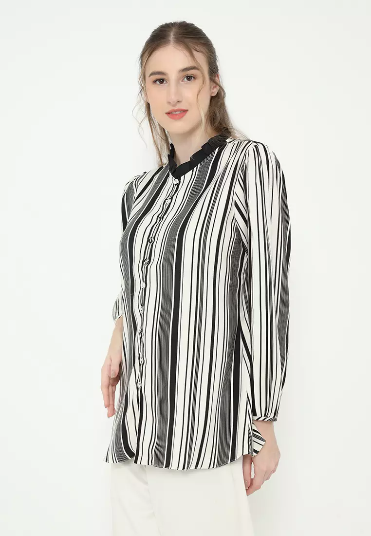 Shirt Satin Stripe Long Sleeve Ruffle Neck Arlette By Brilliant Girl Warna Putih