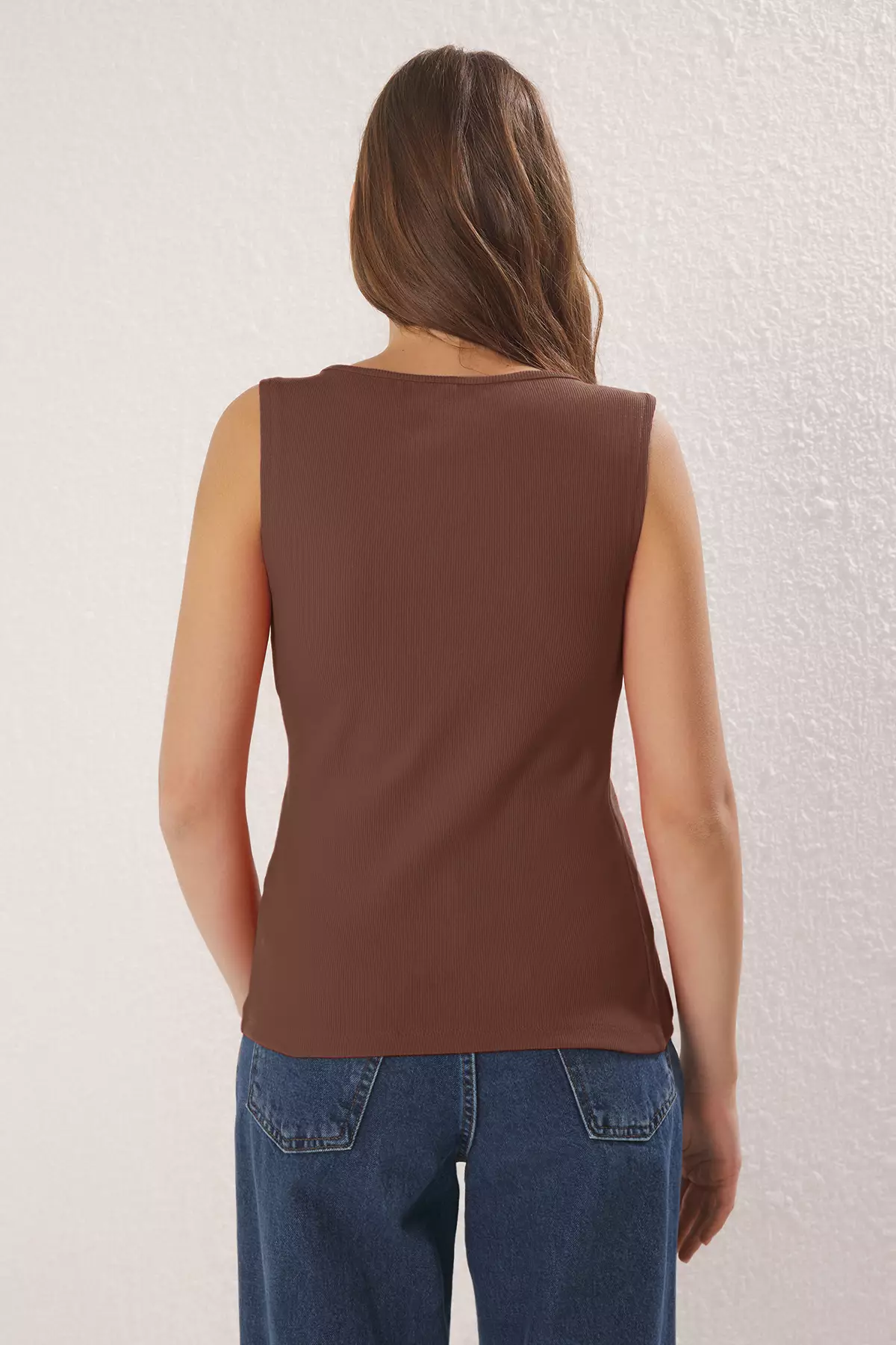 Brown Button Asymmetrical Fitted/Slim Fit Ribbed Stretch Knit Blouse