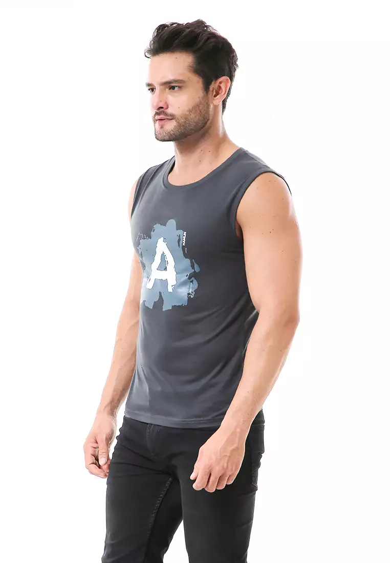 Bobby Atasan Kasual Pria Singlet Motif Huruf A Atasan Tanpa Lengan Material Cotton ORIGINAL - Dark Gray